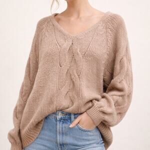 Abercrombie & Fitch Cable Knit Sweater XS Oversized Sleeves Neutral Chunky Knit